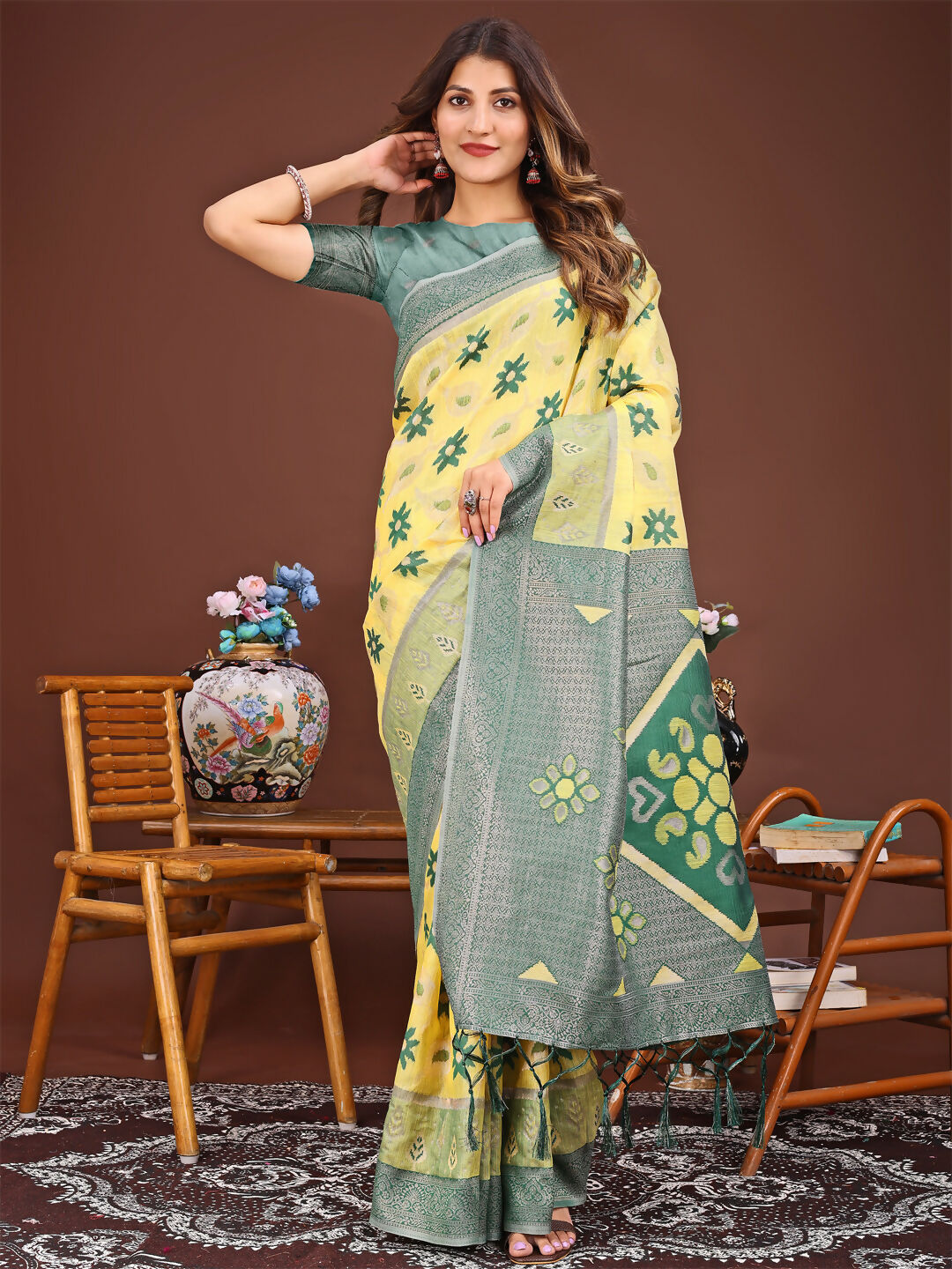 Shree Shyam Fashion Sajni Yellow Linen Cotton Saree | Grocsy