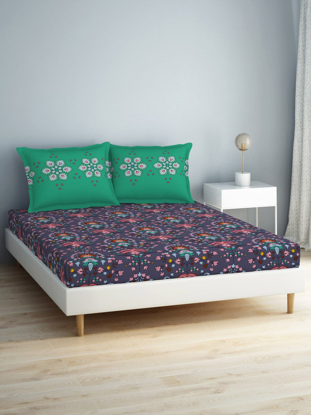 SPACES Aurum Blue Ethnic Motifs Pure Cotton140 TC Queen Bedsheet with 2 Pillow Covers | Grocsy