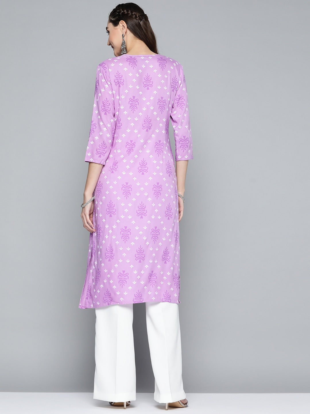 HERE&NOW Women Purple & White Ethnic Motifs Printed Embroidered Work Kurta | Grocsy