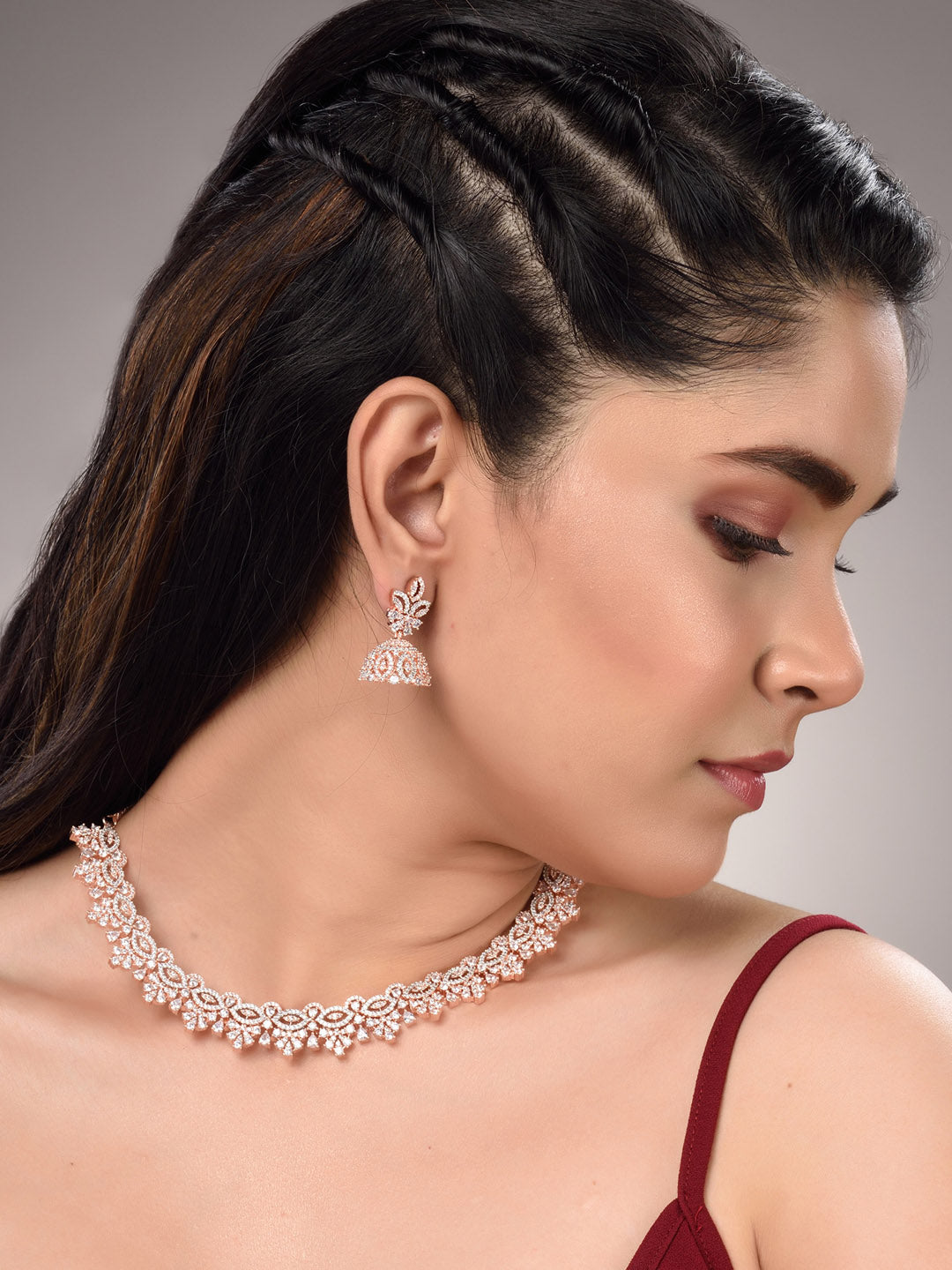 Saraf RS Jewellery Rose Gold-Polished & White AD & CZ-Studded Contemporary Jewellery Set | Grocsy