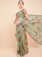Sangria Olive Green & Red Floral Printed Organza Saree With Sequinned Blouse piece | Grocsy