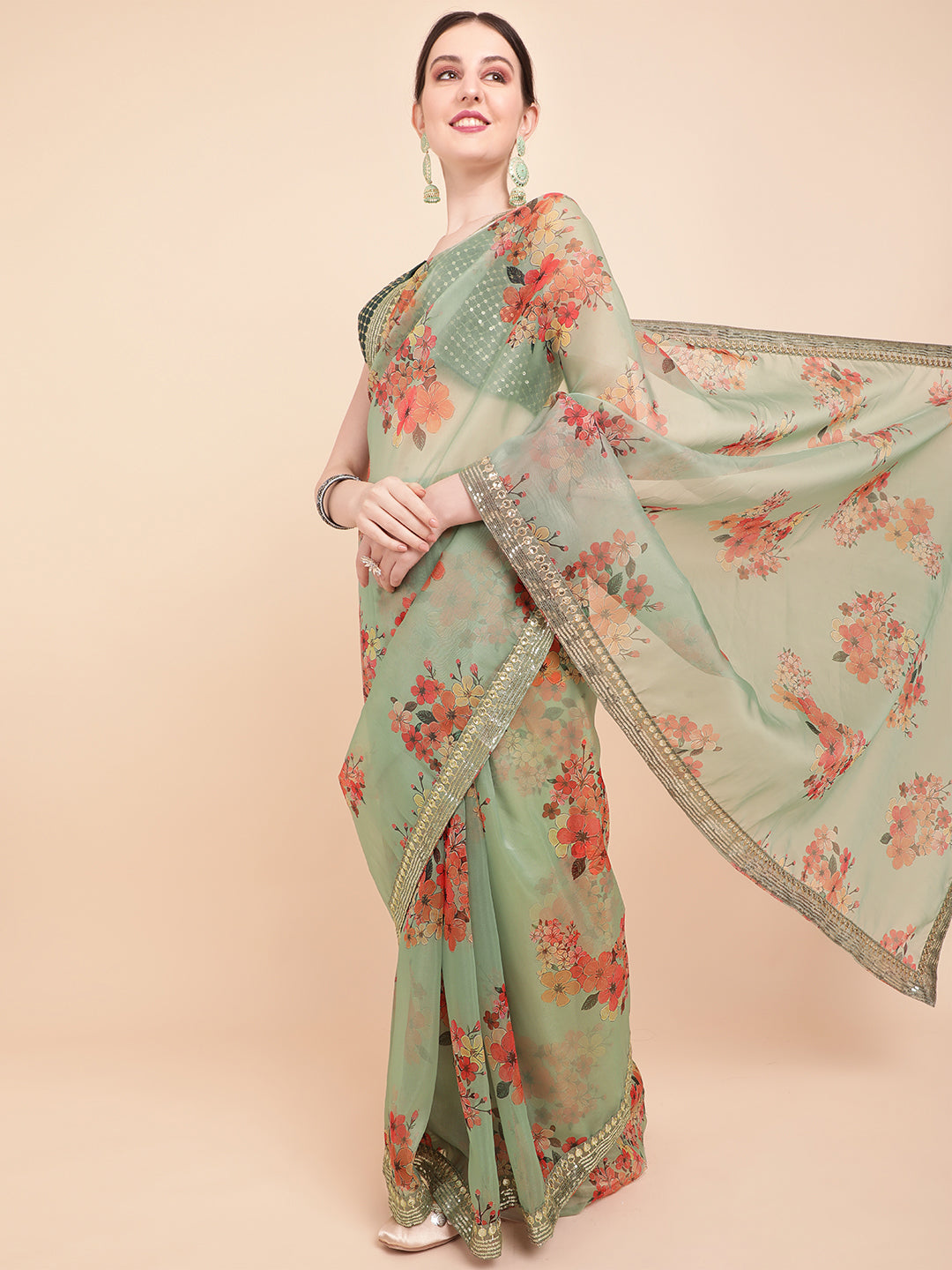 Sangria Olive Green & Red Floral Printed Organza Saree With Sequinned Blouse piece | Grocsy