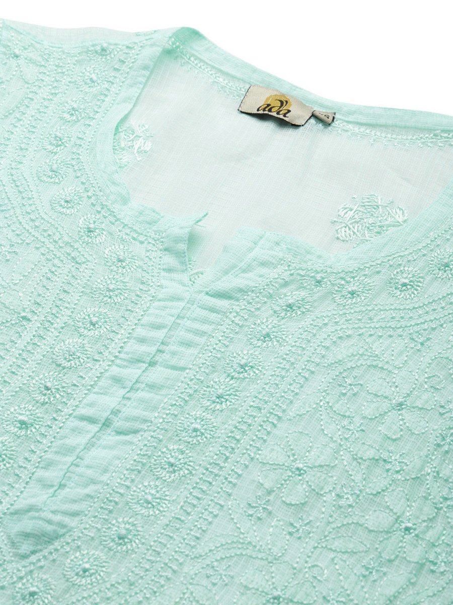 ADA Women Sea Green Chikankari Hand Embroidered Straight Kota Handloom Kurta With Matching Slip | Grocsy