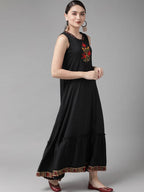 Yufta Women Black & Red Solid Embroidered Detail A-Line Maxi Dress with Ethnic Jacket | Grocsy