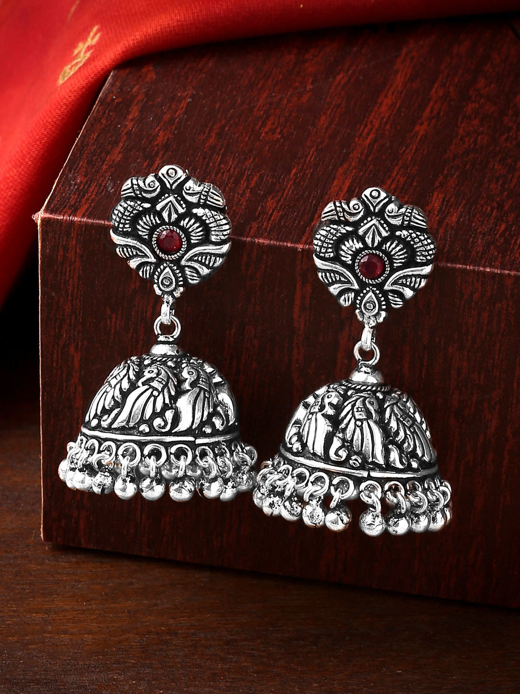 Yellow Chimes Silver-Plated Kolhapuri Peacock Design Jhumkas Earrings | Grocsy