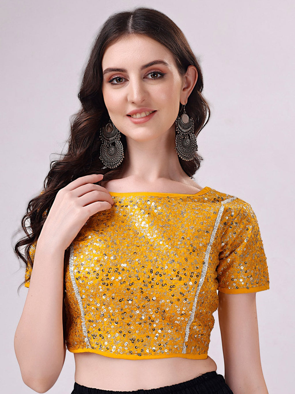Tikhi Imli Yellow Embellished Boat Neck Sequinned Detailed Saree Blouse | Grocsy