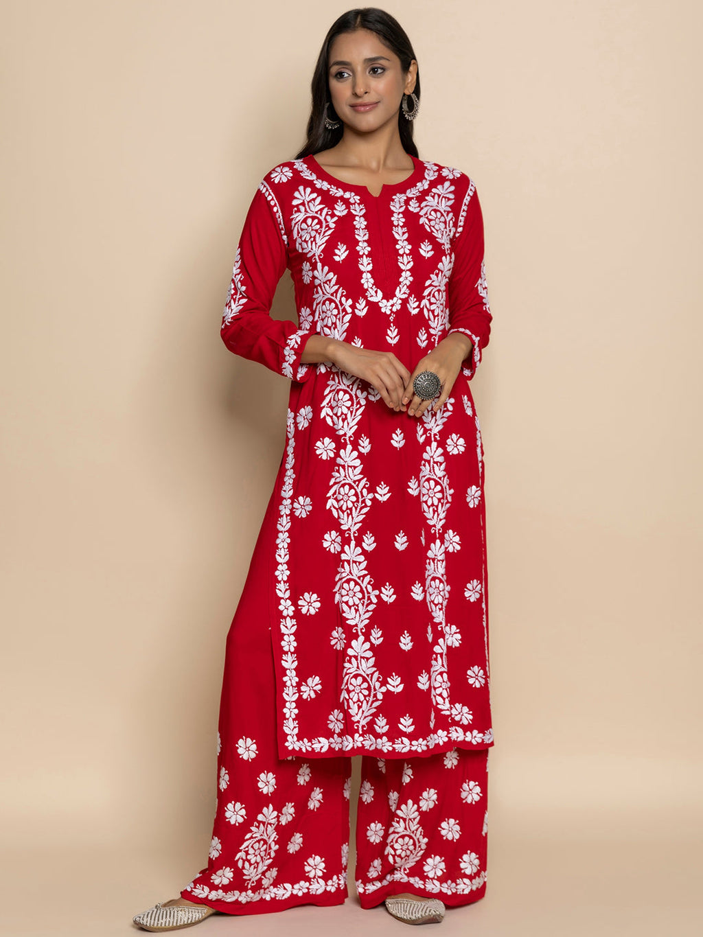 HOUSE OF KARI Floral Embroidered Chikankari Cotton A-Line Kurta | Grocsy