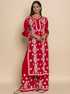 HOUSE OF KARI Floral Embroidered Chikankari Cotton A-Line Kurta | Grocsy