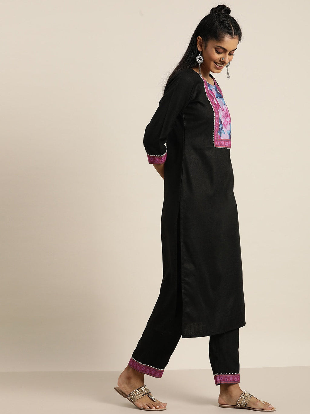 Sangria Women Black Floral Yoke Design Regular Gotta Patti Kurta with Trousers & Dupatta | Grocsy