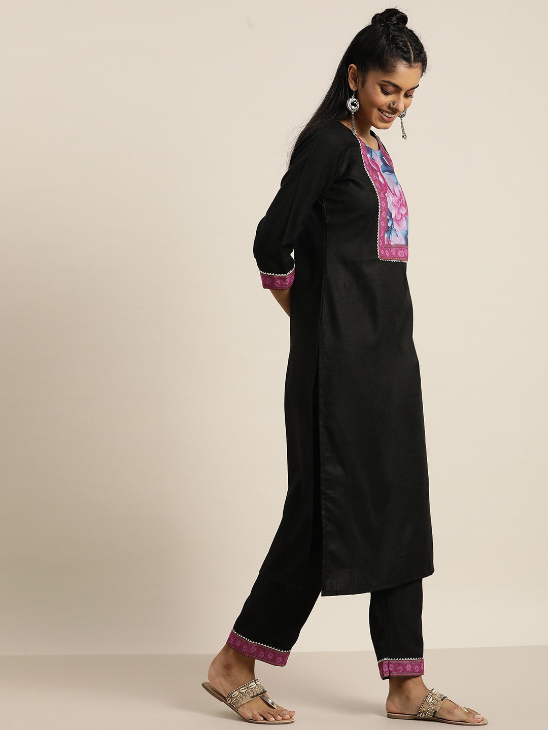 Sangria Women Black Floral Yoke Design Regular Gotta Patti Kurta with Trousers & Dupatta | Grocsy