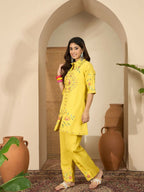 Joban Fashion Women Yellow Roman Silk Embroidered Stitched Kurta Set | Grocsy