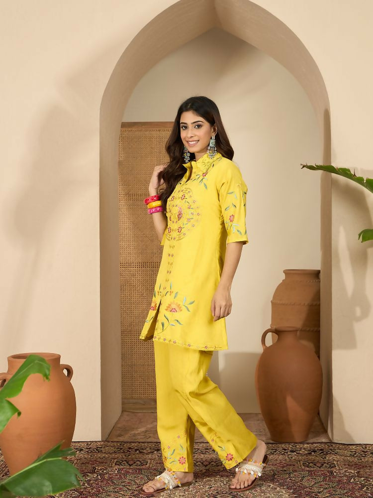 Joban Fashion Women Yellow Roman Silk Embroidered Stitched Kurta Set | Grocsy