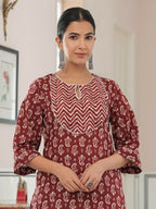 Aramya Straight Soft Cotton Block Print Women's Kurta Set - Brown | Grocsy