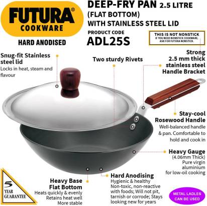 Hawkins Futura Deep Fry Pan Flat Bottom Wok with Lid 2.5 L 26 cm Diameter (ADL25S) | Grocsy