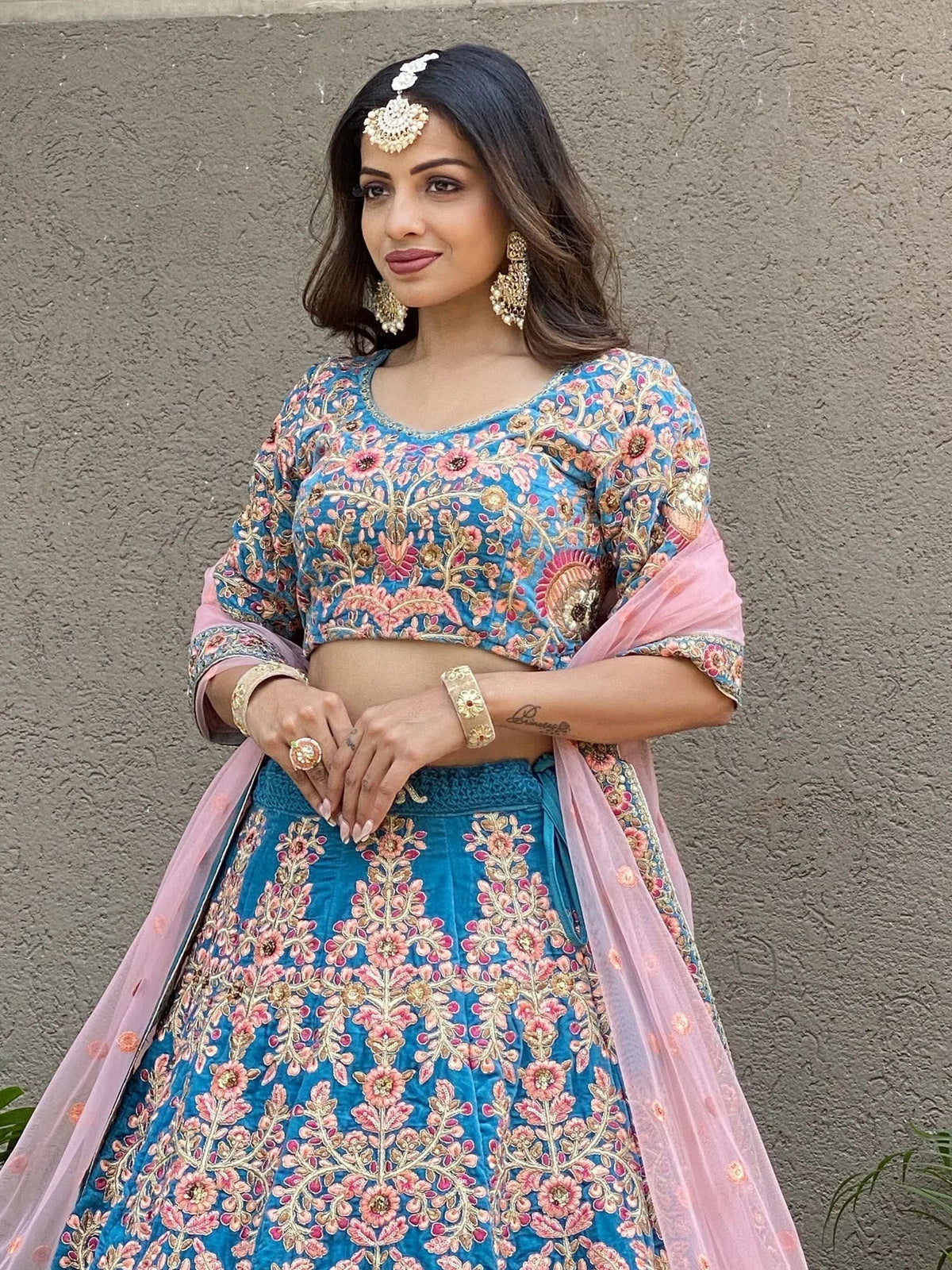 Tulsi Art Adorable Blue Embroidered Velvet Wedding Lehenga Choli With Dupatta | Grocsy