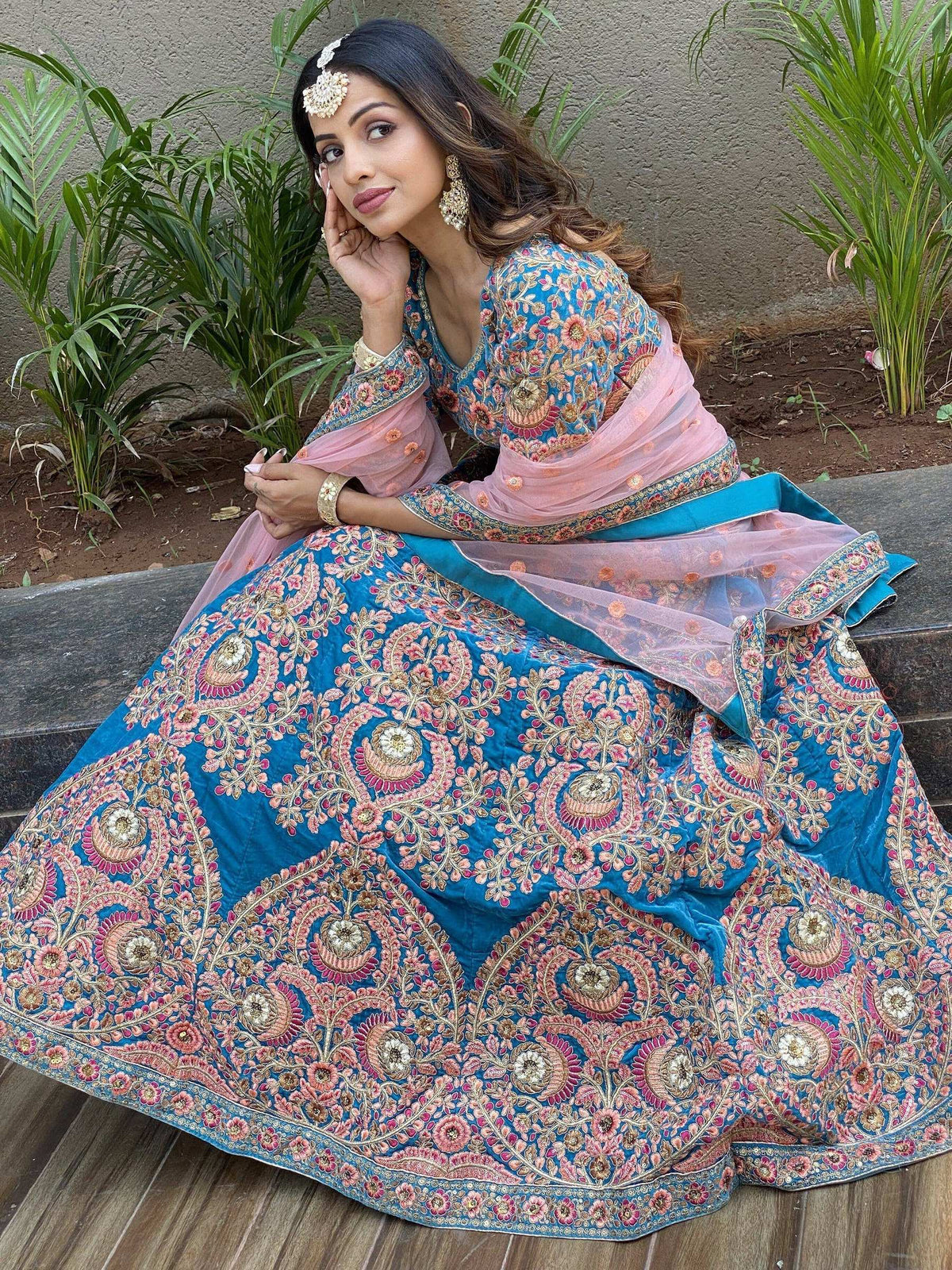 Tulsi Art Adorable Blue Embroidered Velvet Wedding Lehenga Choli With Dupatta | Grocsy