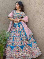 Tulsi Art Adorable Blue Embroidered Velvet Wedding Lehenga Choli With Dupatta | Grocsy