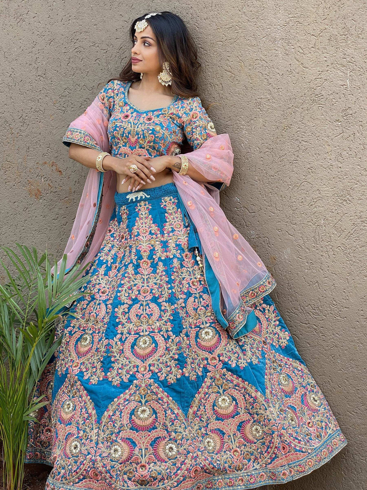 Tulsi Art Adorable Blue Embroidered Velvet Wedding Lehenga Choli With Dupatta | Grocsy