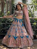 Tulsi Art Adorable Blue Embroidered Velvet Wedding Lehenga Choli With Dupatta | Grocsy