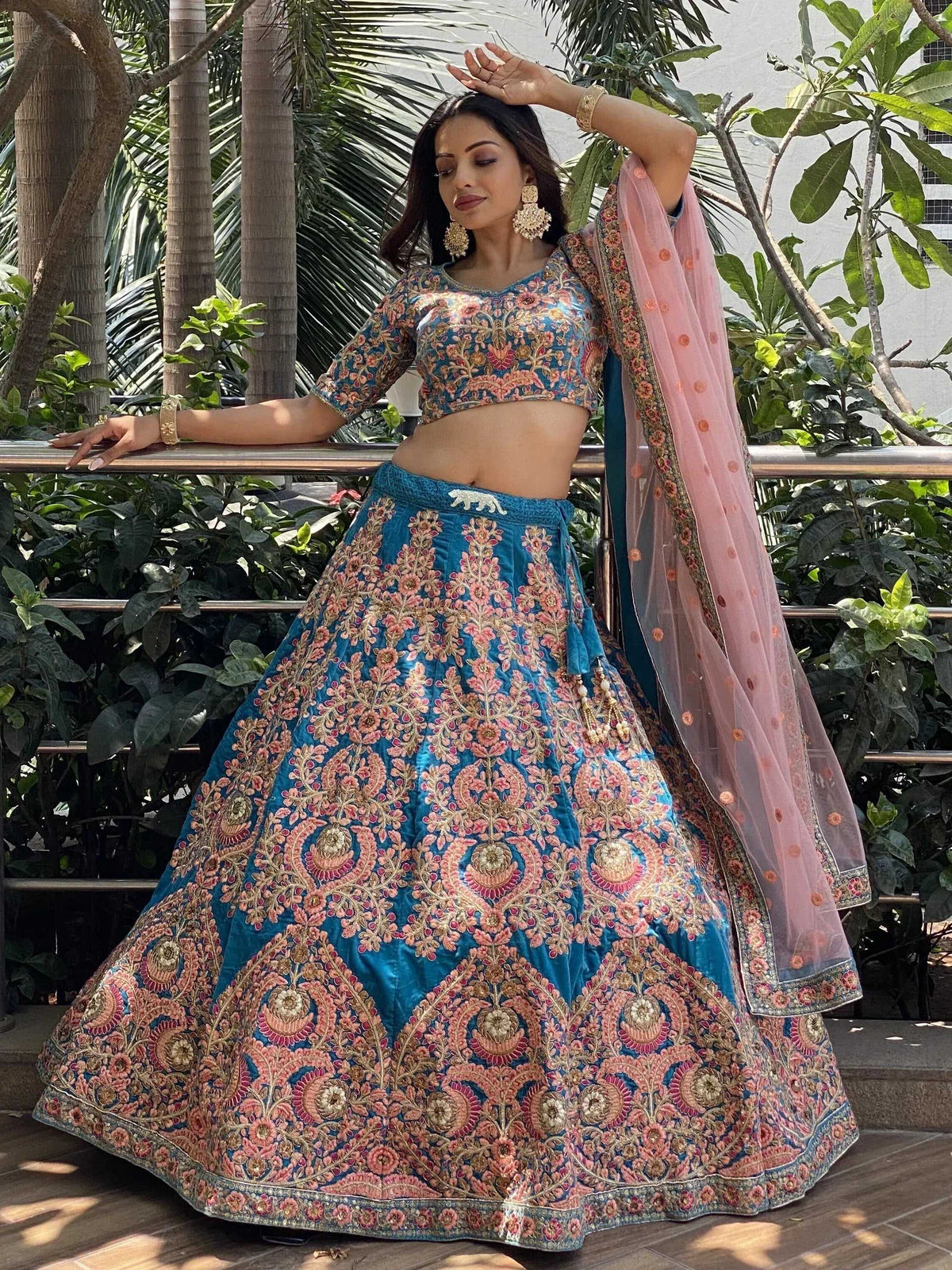 Tulsi Art Adorable Blue Embroidered Velvet Wedding Lehenga Choli With Dupatta | Grocsy