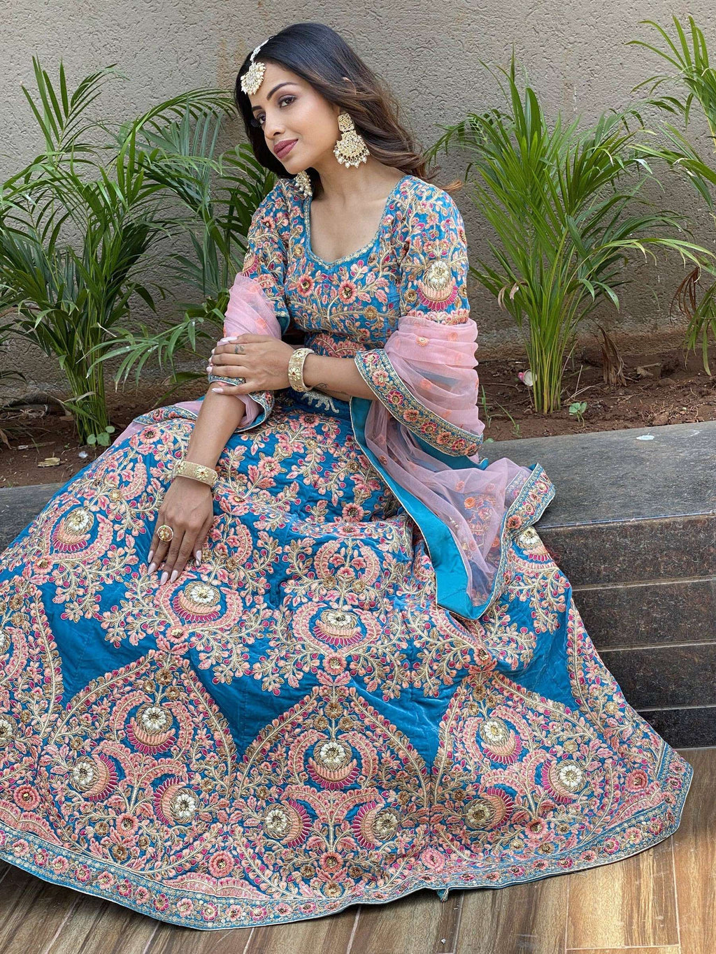 Tulsi Art Adorable Blue Embroidered Velvet Wedding Lehenga Choli With Dupatta | Grocsy