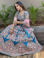 Tulsi Art Adorable Blue Embroidered Velvet Wedding Lehenga Choli With Dupatta | Grocsy