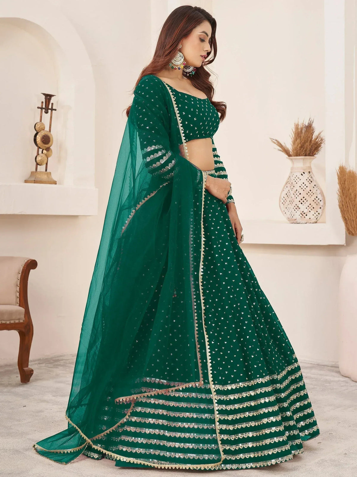 Tulsi Art Adorable Green Color Sequins Work Georgette Wedding Wear Lehenga Choli | Grocsy