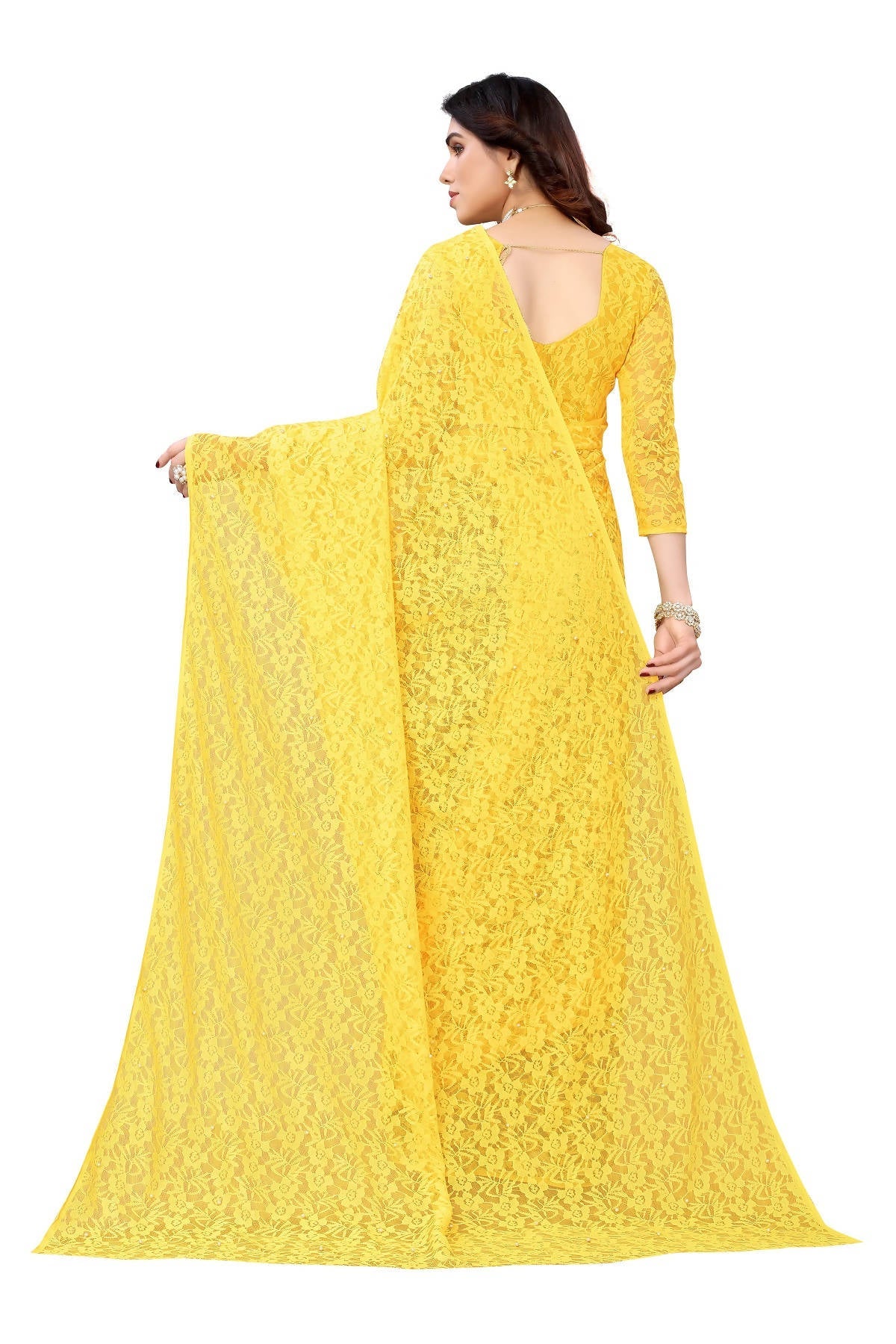 Vamika Ethnic Fire Yellow Pearls Net Saree | Grocsy