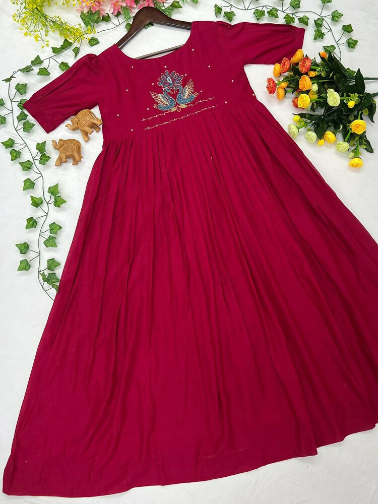 Teeya Creation Women's New Trendy Rani Pink Pleated Maxi Dress with Intricate Peacock Beadwork | Grocsy