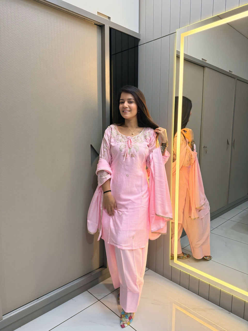 Anaita Baby Pink Crape Readymade Kurti Set with Beads Sequence Work | Grocsy