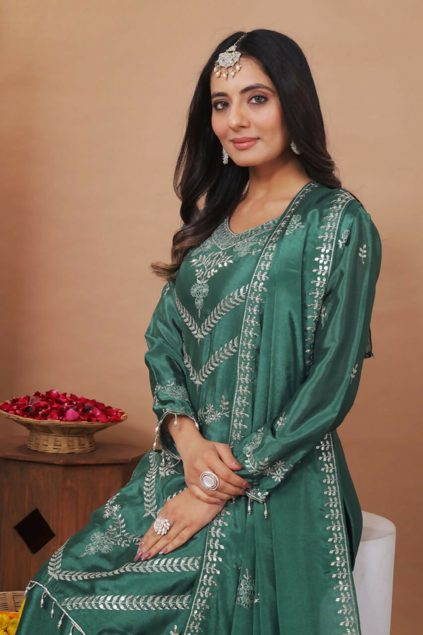 Joban Fashion Green Silk Embroidered Sharara Set | Grocsy