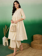 Sangria Off White Floral Embroidered Mirror Work Pure Cotton Anarkali Kurta Set | Grocsy