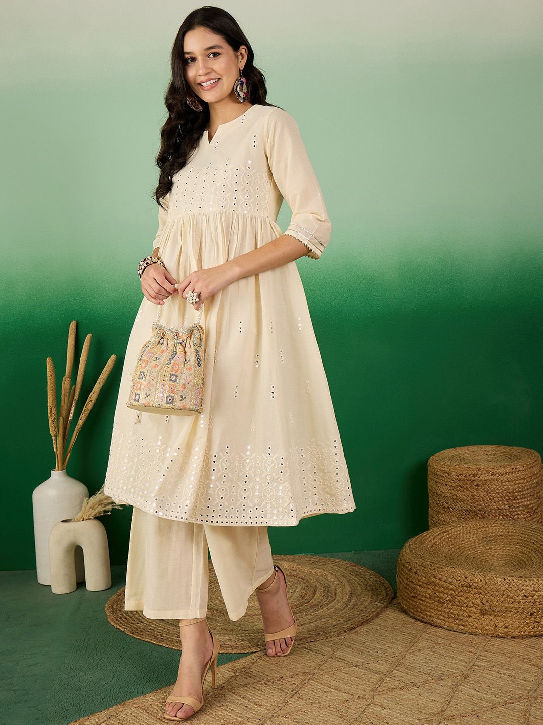 Sangria Off White Floral Embroidered Mirror Work Pure Cotton Anarkali Kurta Set | Grocsy