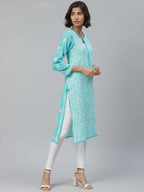 ADA Women Sea Green & White Floral Chikankari Embroidered Straight Sustainable Handloom Kurta | Grocsy