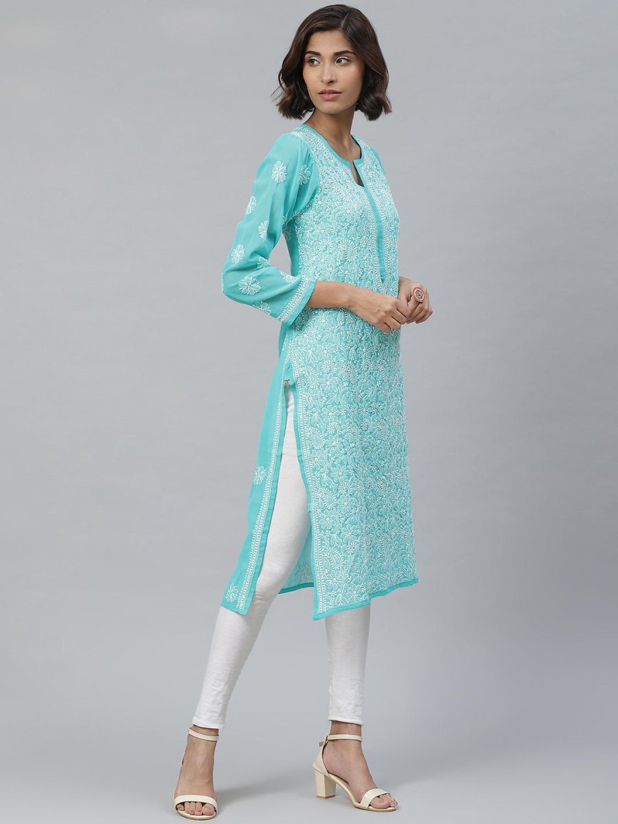 ADA Women Sea Green & White Floral Chikankari Embroidered Straight Sustainable Handloom Kurta | Grocsy
