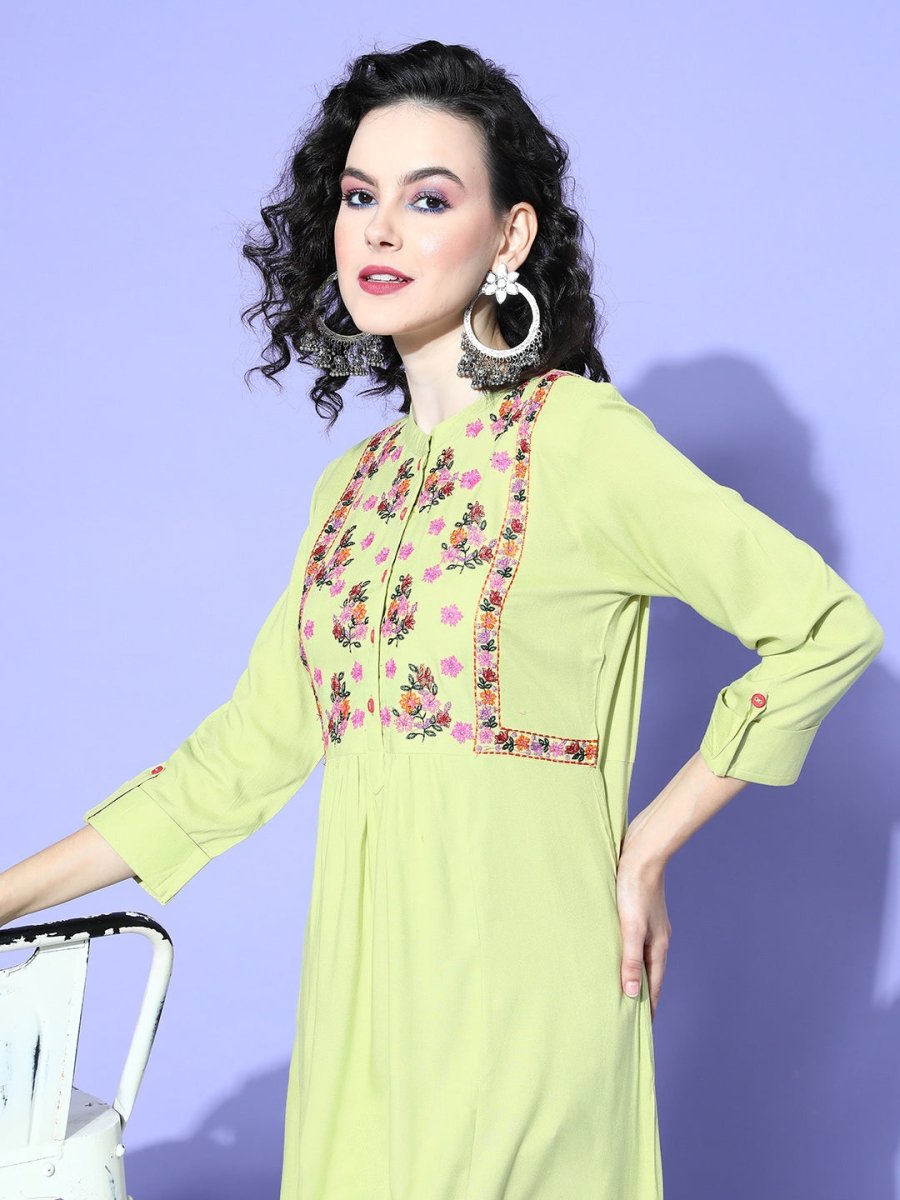 All About You Women Green Floral Embroidered Mirror Work Floral Anarkali Kurta | Grocsy