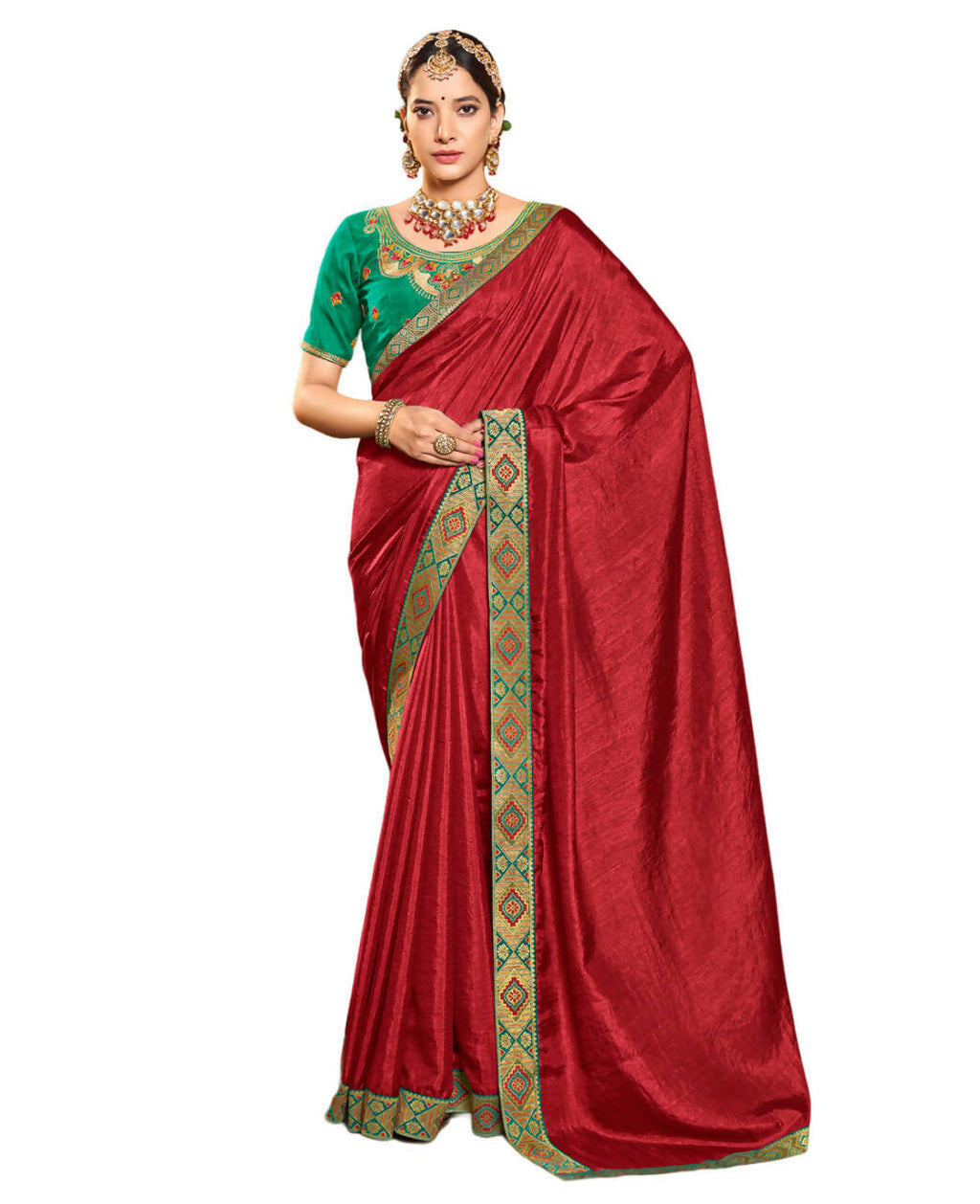 Red Solid Vichitra Saree With Unstitched Blouse Piece - Selena | Grocsy