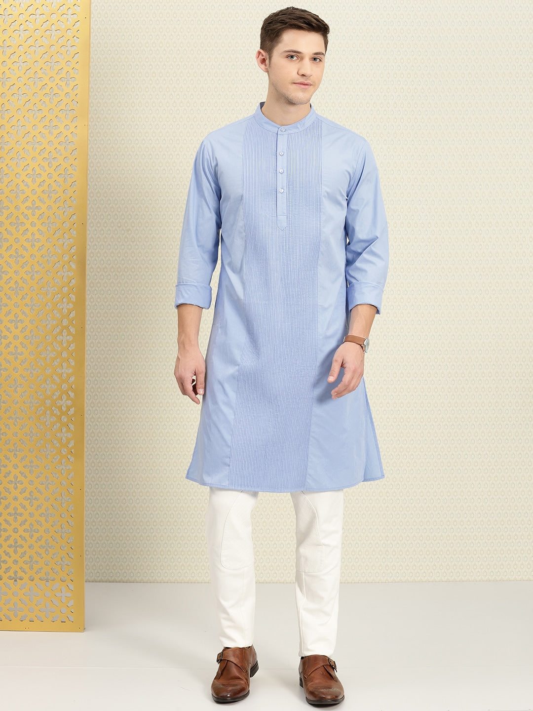 House of Pataudi Men Blue Solid Straight Kurta | Grocsy
