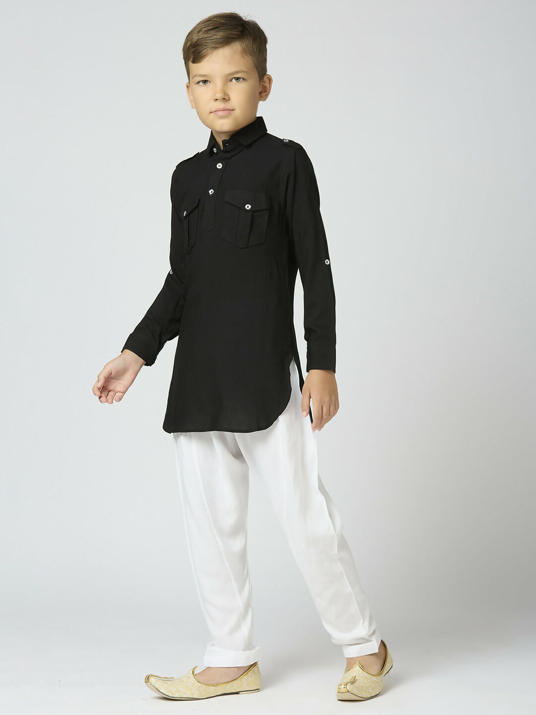 Joban Fashion Kids Island Full Sleeves Cotton Pathani Kurta and Pyjama Set - Black | Grocsy