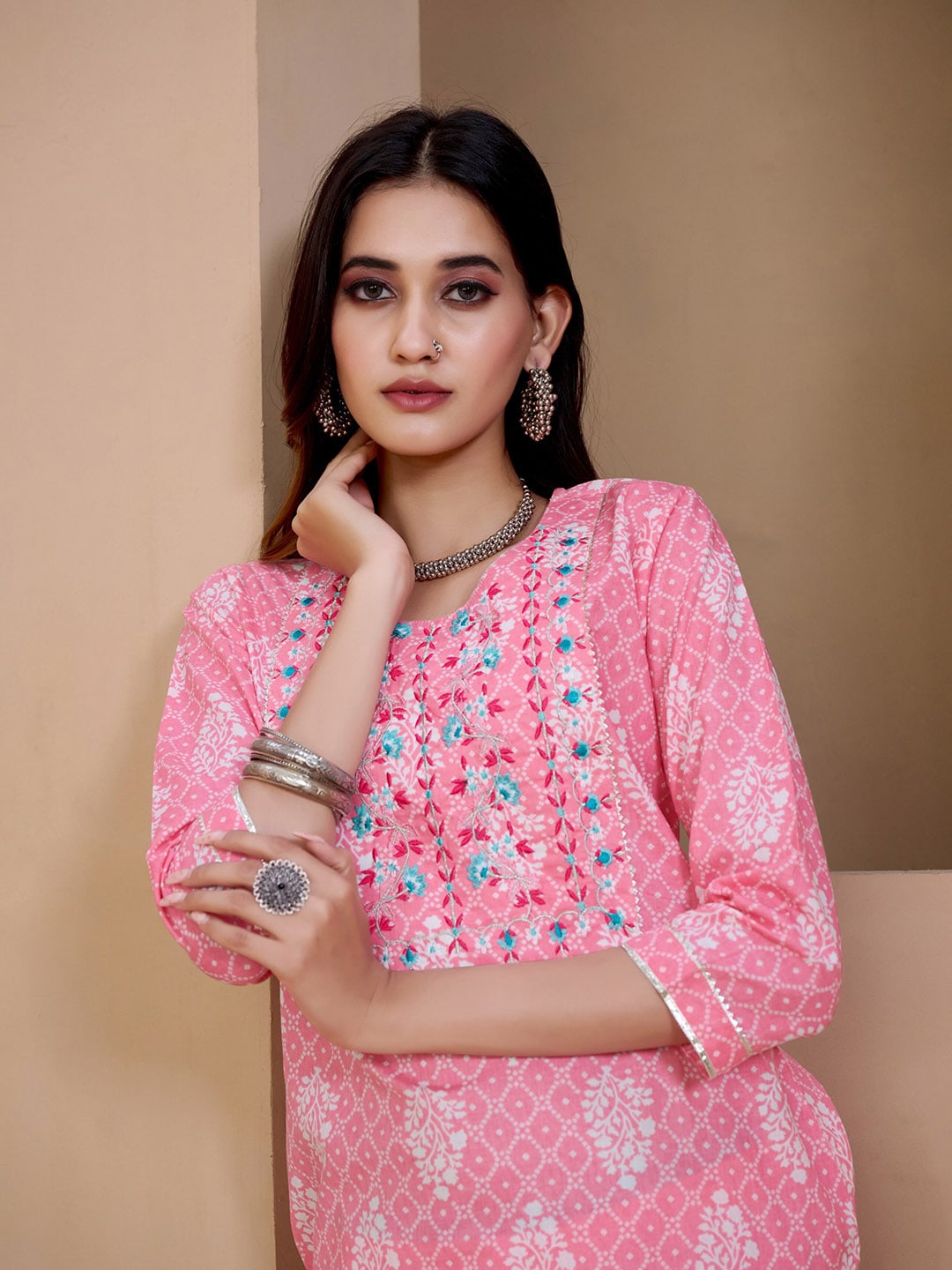Sangria Pink & White Ethnic Motifs Printed Pure Cotton Kurta With Trousers & Dupatta | Grocsy