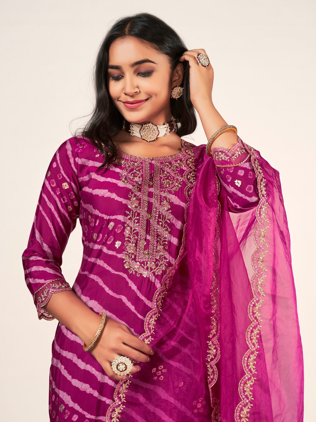 Sangria Leheriya Printed Embroidered Straight Kurta With Trousers & Dupatta | Grocsy