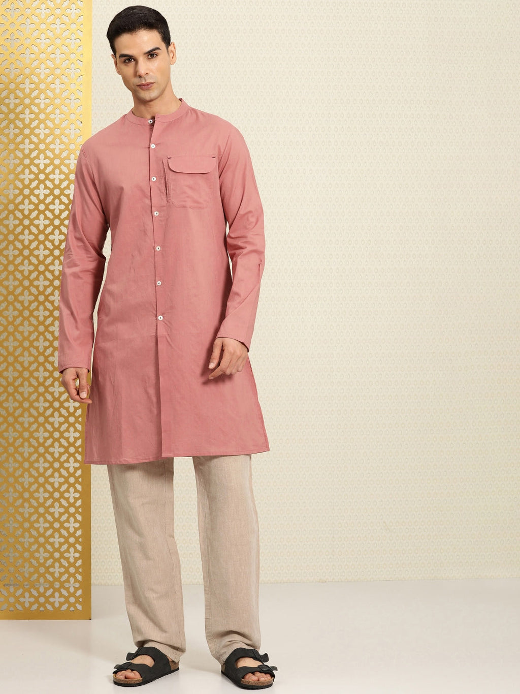 House of Pataudi Rozana Band Collar Pure Cotton Kurta | Grocsy