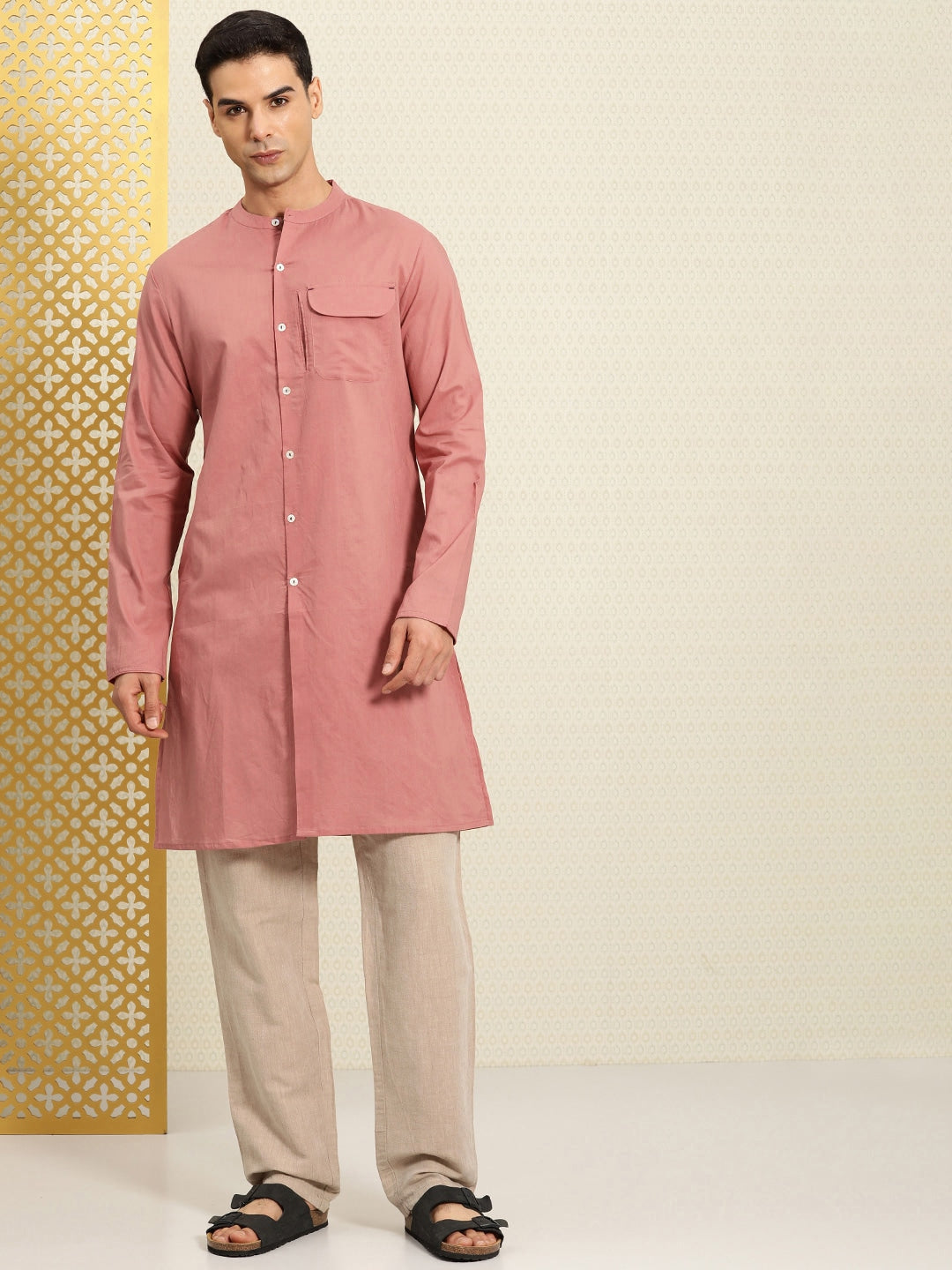 House of Pataudi Rozana Band Collar Pure Cotton Kurta | Grocsy