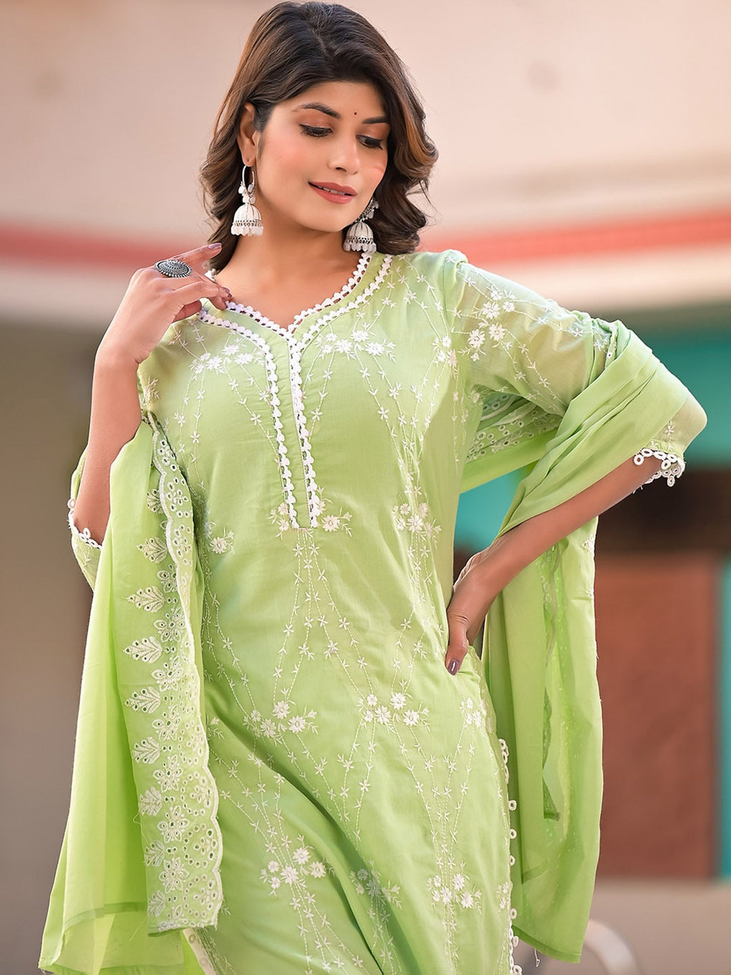 Sangria Green Embroidered Pure Cotton Straight Kurta With Trouser & Dupatta | Grocsy