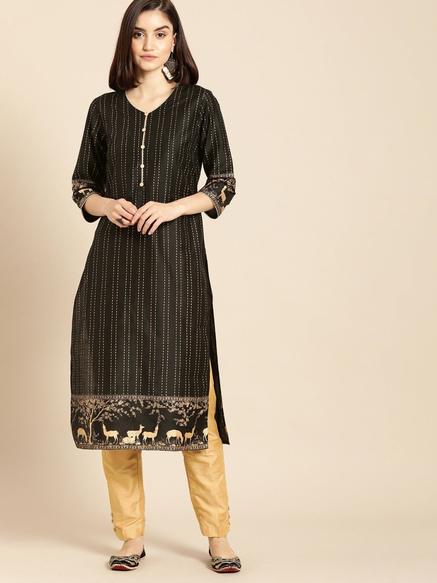 All About You Women Black & Gold Striped Regular Kurta with Trousers | Grocsy