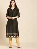 All About You Women Black & Gold Striped Regular Kurta with Trousers | Grocsy