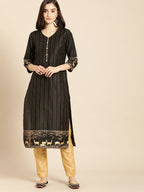All About You Women Black & Gold Striped Regular Kurta with Trousers | Grocsy