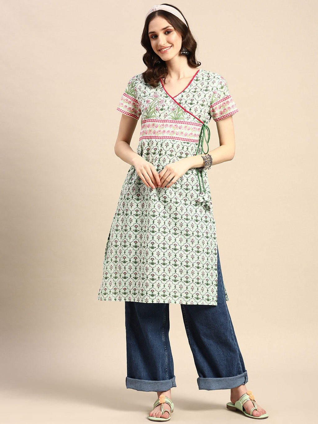 Sangria Pure Cotton Ethnic Motifs Printed Angrakha Kurta | Grocsy