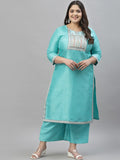 Sztori Plus Size Floral Printed Round Neck Straight Kurta with Palazzos | Grocsy