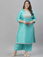 Sztori Plus Size Floral Printed Round Neck Straight Kurta with Palazzos | Grocsy